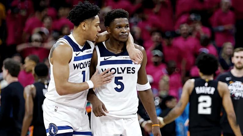 Anthony Edwards (5) and Terrence Shannon Jr. were key in the Minnesota Timberwolves' Game 1 victory over the San Antonio Spurs on Monday.