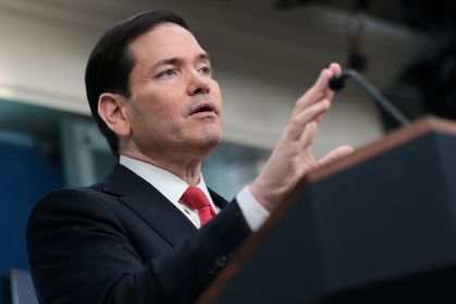 O Secretário de Estado dos EUA, Marco Rubio, durante coletiva de imprensa na Casa Branca nesta terça-feira (5)