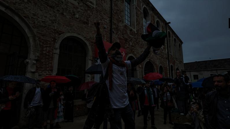 Protesters at the Arsenale during the 2026 Venice Biennale.
