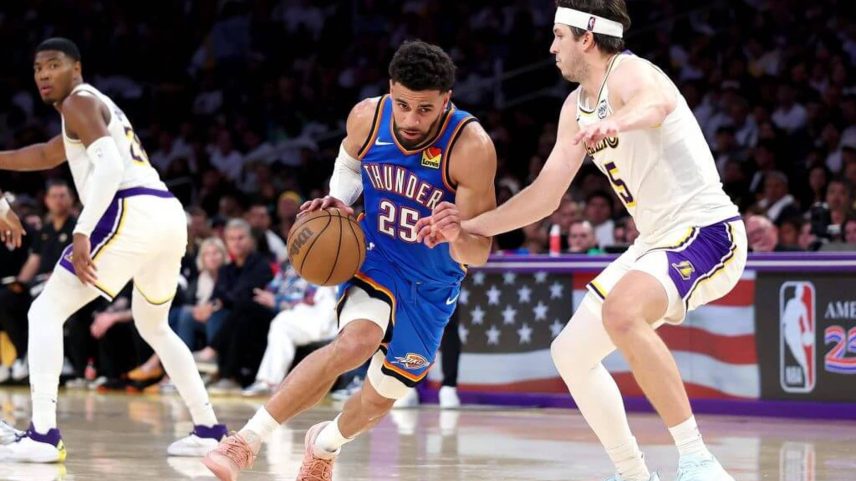 Ajay Mitchell takes Austin Reaves off the dribble as part of his 24-point, 10-assist performance in Game 3.