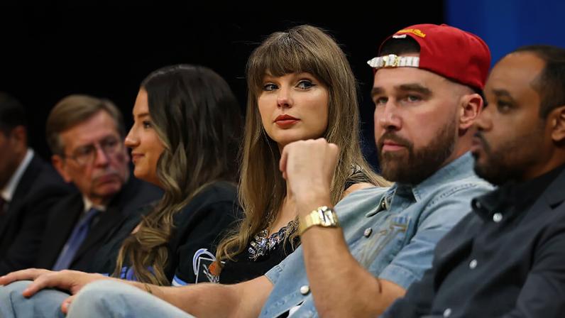 Taylor Swift and Travis Kelce sit courtside for Game 3 of the Knicks-Cavaliers Eastern Conference finals series.