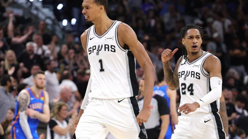 Victor Wembanyama and Devin Vassell in the San Antonio Spurs victory over the Oklahoma City Thunder Sunday night.