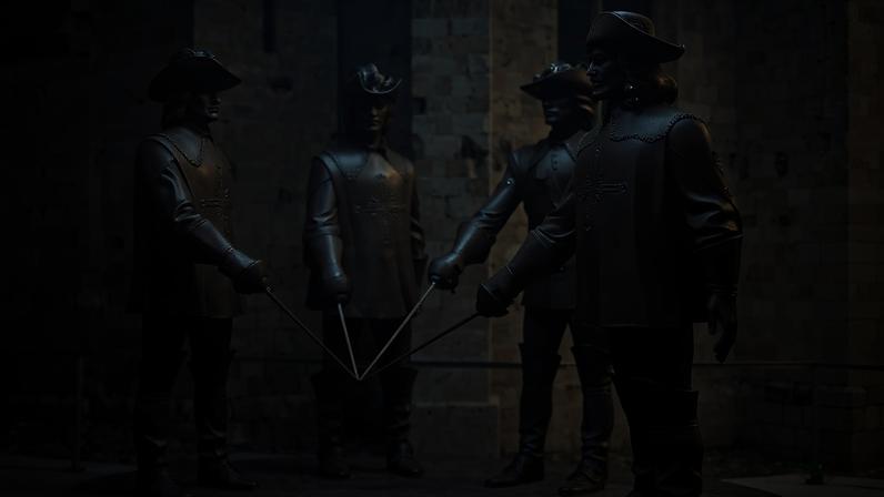 A statue of d'Artagnan and the other three musketeers in front of a church in southwestern France.
