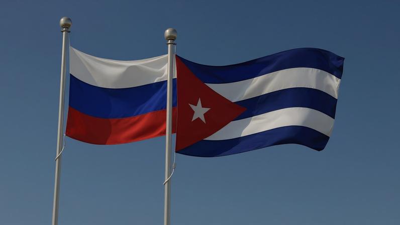 Bandeiras da Rússia e de Cuba em mastro