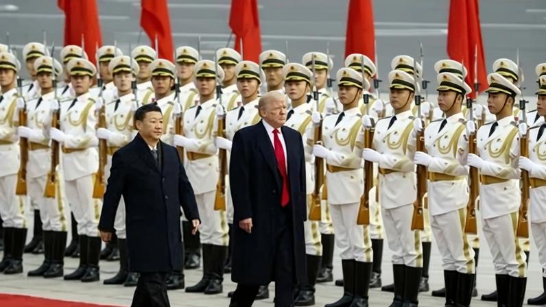 O presidente dos EUA, Donald Trump, durante uma cerimônia de boas-vindas com o presidente chinês Xi Jinping em novembro de 2017, em Pequim, China.