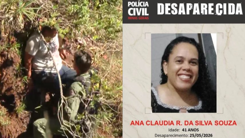 Resgate da vítima na Serra do Rola Moça e cartaz de desaparecida