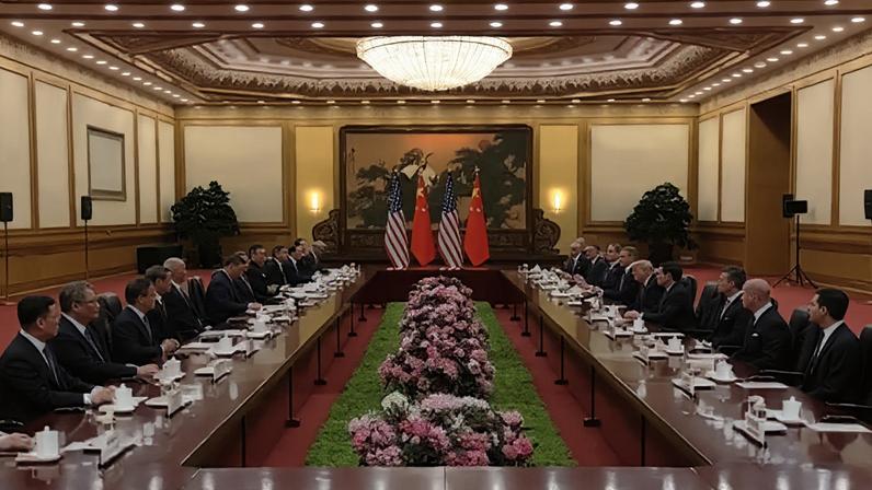 Delegações chinesa e norte-americana reunidas em sala de reunião, uma de frente para a outra