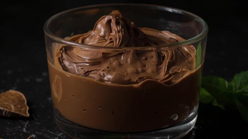 Mousse de doce de leite dentro de um pote transparente e redondo em cima de uma mesa de cor clara. Ao lado, uma colher de madeira. Foto: Taila Saito/Anhembi Morumbi