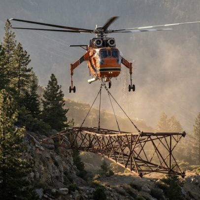 Helicóptero S-64 instala torres e antenas em locais de difícil acesso