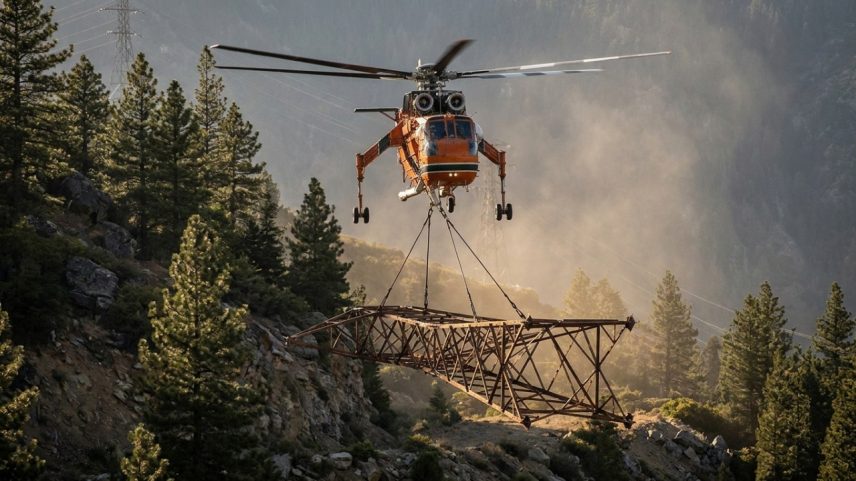 Helicóptero S-64 instala torres e antenas em locais de difícil acesso