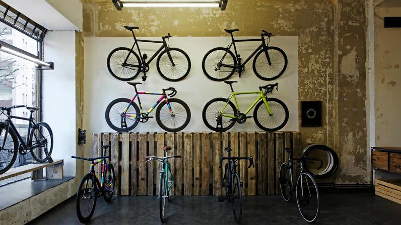 Assortment of racing cycles in a custommade bicycle store stock photo