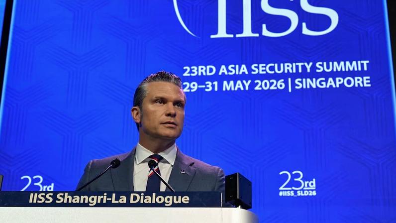 O secretário de Defesa dos Estados Unidos, Pete Hegseth, durante o Encontro Shangri-La 2026.