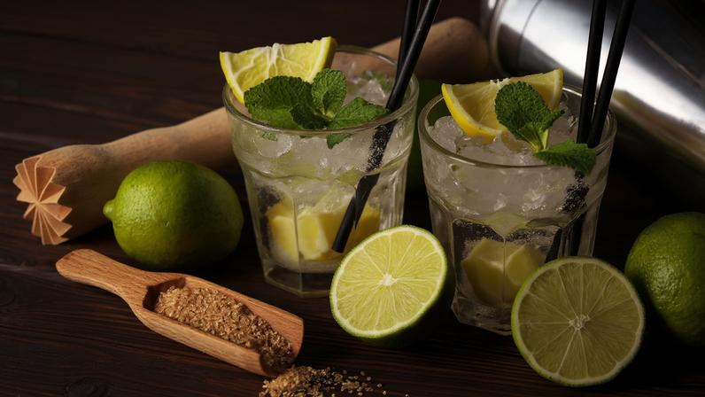 Copos com caipirinha de limão ao lado de limões sobre a mesa de madeira. Foto: beats/ Adobe Stock