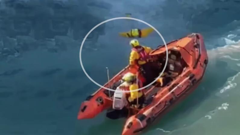 Operação de resgate em mar agitado, com três socorristas em bote inflável laranja tentando alcançar um cachorro na água, destacada por um círculo branco. As ondas são fortes e há rochas próximas.