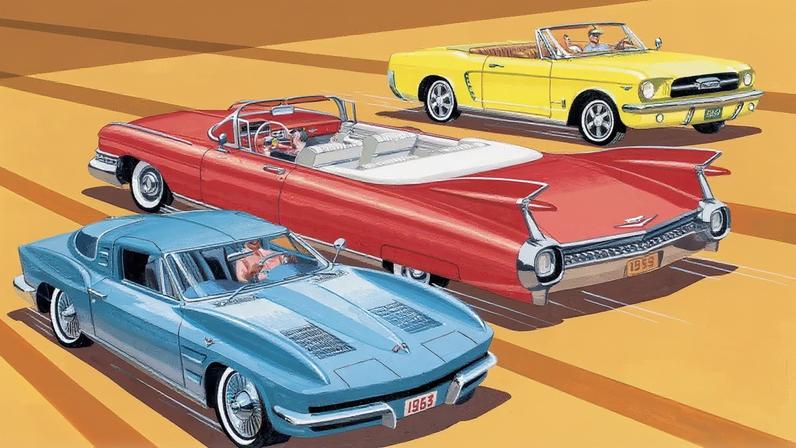 illustration of a Corvette, a Cadillac, and a Mustang