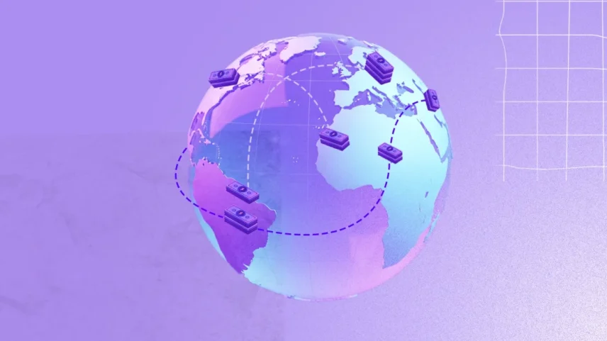 A imagem mostra uma representação estilizada do globo terrestre em tons de roxo, azul e rosa sobre um fundo roxo. Pilhas de cédulas estão distribuídas em diferentes locais do globo, conectadas por linhas pontilhadas que indicam fluxo entre localidades, sugerindo uma conexão global. No canto direito, uma grade geométrica sugere precisão, com cores vibrantes acentuando o tema de finanças e transações internacionais.