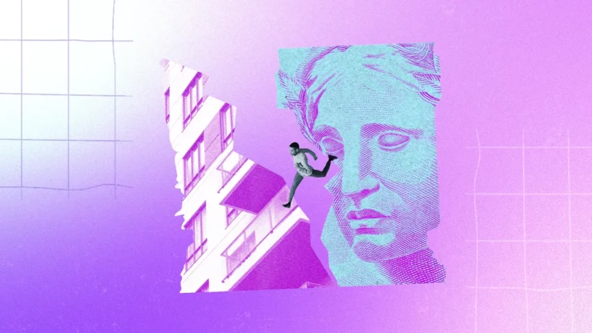 A imagem apresenta uma composição artística com tons de roxo e lilás, mesclando elementos clássicos e modernos. À esquerda, uma estrutura diagonal lembra partes de um prédio; ao centro, uma figura humana parece em movimento; à direita, um busto clássico azul se destaca. O fundo tem um gradiente suave e elementos gráficos sutis.