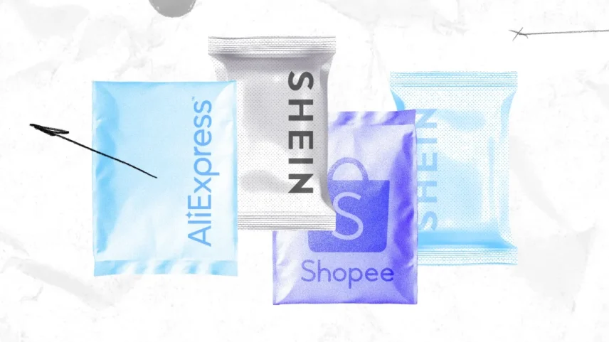 Ilustração sobre e-commerce com pacotes de entrega da AliExpress, Shein e Shopee