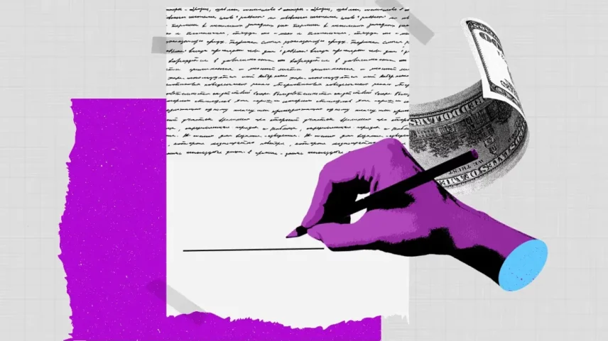Ilustração de uma mão com um lápis sobre um testamento e uma nota de dólar para ilustrar a reportagem "PL do Imposto de Renda pode gerar bitributação sobre doações e heranças, dizem especialistas"