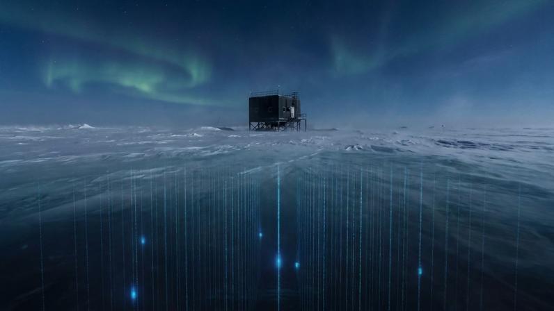 Ilustração mostra neutrino gerando luz Cherenkov no gelo