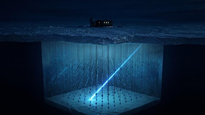 Bloco de gelo antártico mostra sensores verticais do IceCube