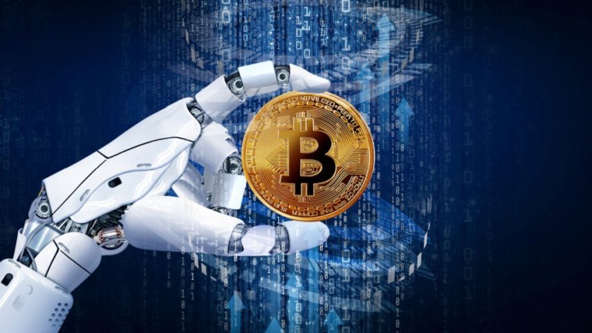 Ilustração mostra mãos robótica segurando moeda de Bitcoin