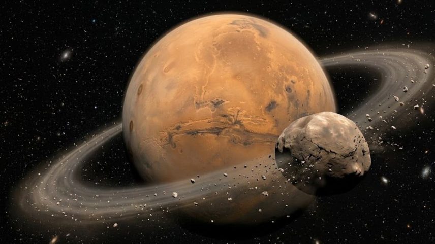 O destino de Fobos pode transformar Marte em planeta com anéis (Imagem: Fala Ciência via Gemini)