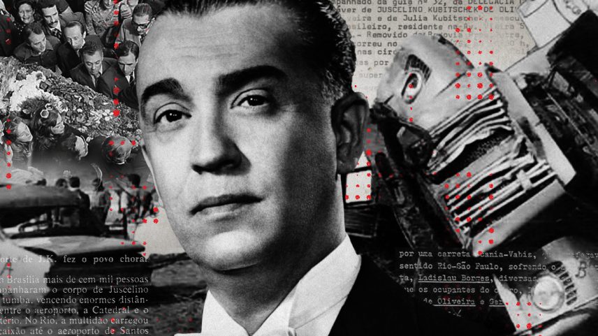 Ilustração sobre foto em preto e branco de Juscelino Kubitschek