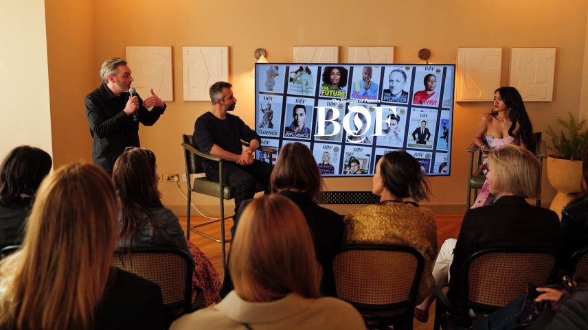 From left to right: BoF's Matthew Cullen, Marc Bain and Shenel Wickramaratne welcoming guests to the BoF Professional community event in London.