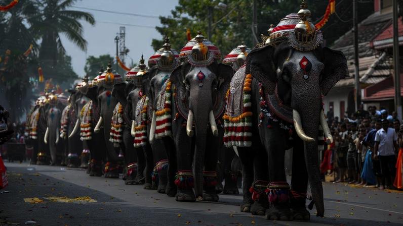 Desfile de elefantes decorados durante festividades em Kerala, na Índia: estima-se que 1,7 milhão de pessoas do Estado vivam no Golfo, o que equivale a 5% da população local e quase a 11% de sua força de trabalho