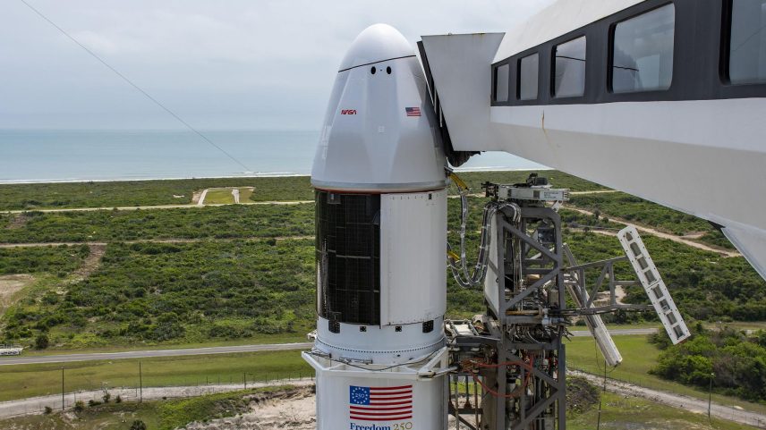 A SpaceX Falcon 9 rocket, with the company’s Dragon spacecraft atop, stands in a vertical position at Space Launch Complex 40 at Cape Canaveral Space Force Station in Florida on Monday, May 11, 2026, in preparation for the company’s 34th commercial resupply services launch to the International Space Station. Dragon will deliver about 6,500 pounds of science investigations, supplies, and equipment to the International Space Station. NASA and SpaceX are targeting liftoff at 6:50 p.m. EDT, Wednesday, May 13.