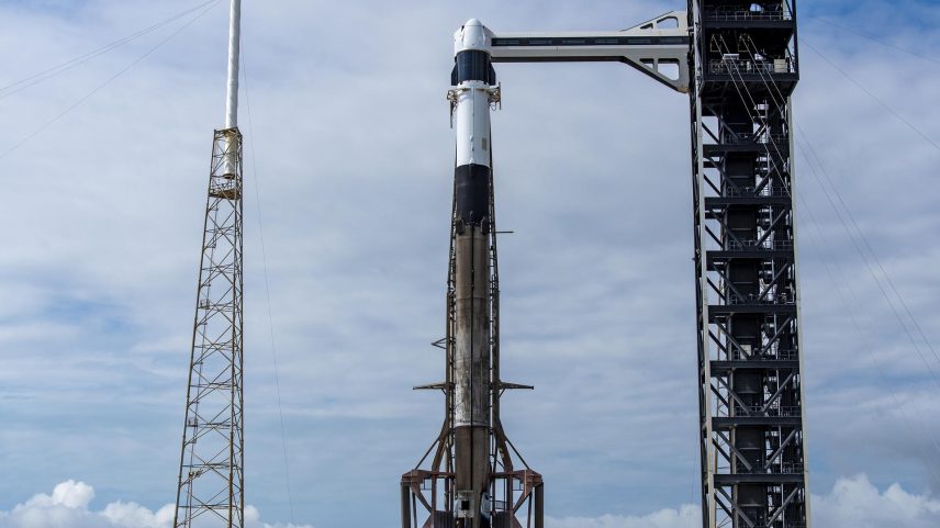 A SpaceX Falcon 9 rocket, with the company’s Dragon spacecraft atop, stands in a vertical position at Space Launch Complex 40 at Cape Canaveral Space Force Station in Florida on Wednesday, May 13, 2026, in preparation for the company’s 34th commercial resupply services launch to the International Space Station. Dragon will deliver about 6,500 pounds of science investigations, supplies, and equipment to the International Space Station. NASA and SpaceX are targeting liftoff at 6:50 p.m. EDT, Wednesday May 13.