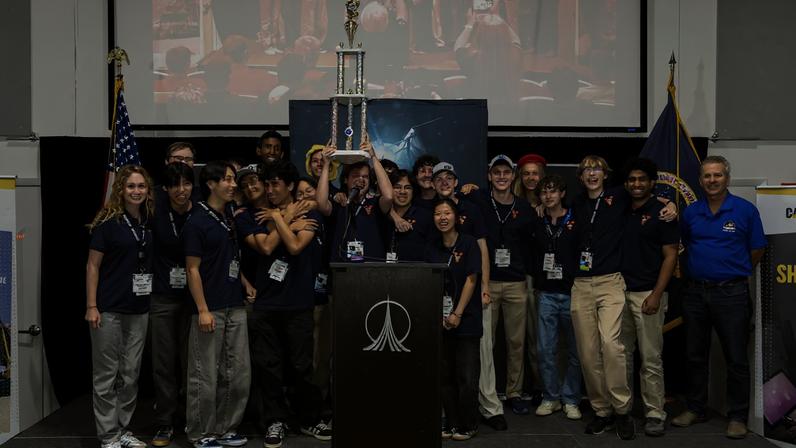 Students from the University of Virginia pose for a photograph after winning the grand prize during NASA’s 2026 Lunabotics Challenge competition on Thursday, May 21, 2026, inside the Astronauts Memorial Foundation’s Center for Space Education at the Kennedy Space Center Visitor Complex in Florida.