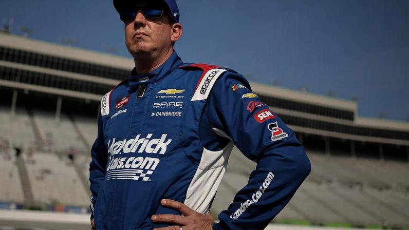 HAMPTON, GEORGIA - FEBRUARY 20: Kyle Busch, driver of the #7 HendrickCars.com Chevrolet, looks on during qualifying for the NASCAR Craftsman Truck Series Fr8 Racing 208 at Echo Park Speedway on February 20, 2026 in Hampton, Georgia. (Photo by Jonathan Bachman/Getty Images)