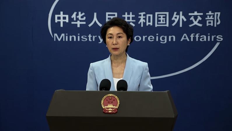 Uma mulher chinesa discursa em frente a um púlpito. Ela possui cabelo negro e veste um blazer azul-claro.