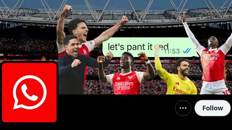 Imagem dos jogadores do Arsenal e a cor vermelha marcam perfil oficial do WhatsApp na rede social X