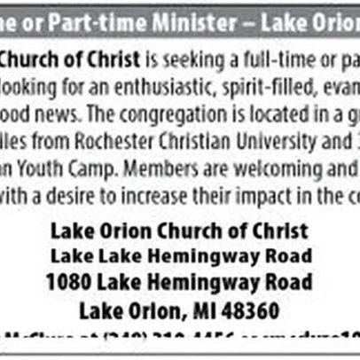 Igreja Lake Orion Church of Christ avalia ministério de tempo integral ou parcial