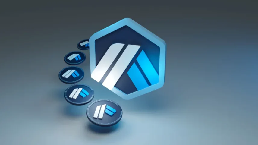 Logotipo da Arbitrum hexagonal em tons de azul, branco e cinza