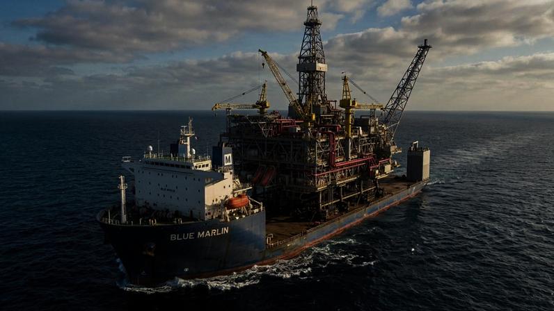 Construído em 1999 nos estaleiros da Samsung Heavy Industries, na Ilha de Geoje, na Coreia do Sul, o Blue Marlin mede 224,8 metros de comprimento e 63 metros de largura