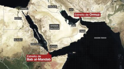 Mapa ilustra Estreito de Ormuz e Estreito de Bab al-Mandab