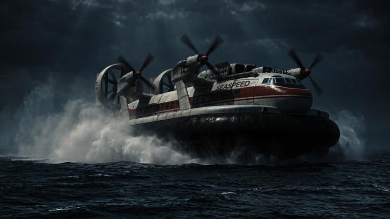 SR.N4 voando sobre o mar com as Falésias de Dover ao fundo