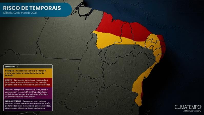 Mapa de 5Risco de chuva forte no Nordeste para 2/5/26 (Climatempo)