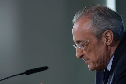 Florentino Pérez, en su rueda de prensa del martes en el Bernabéu.