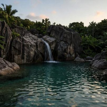 Ilha coberta de mato vira piscina natural com cachoeira e filtro biológico