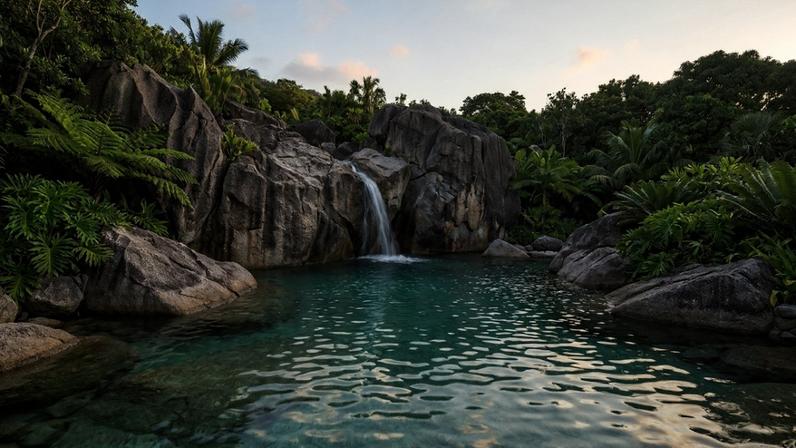 Ilha coberta de mato vira piscina natural com cachoeira e filtro biológico
