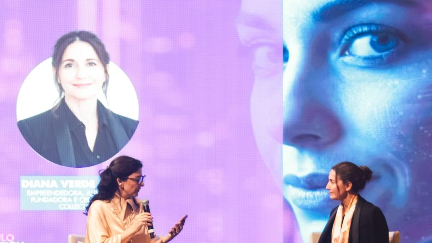 Colunista do Estadão Alice Ferraz durante entrevista com a especialista em luxo Diana Verde durante a edição de 2026 do São Paulo Innovation Week.
