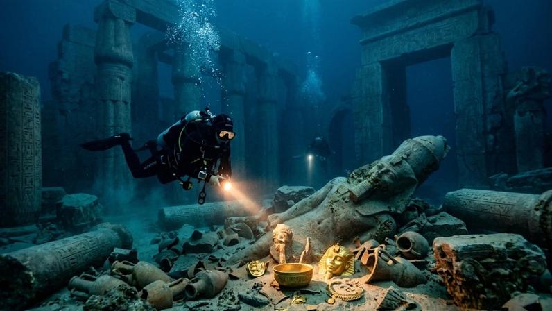 Arqueólogos marinhos inspecionando estátuas colossais e oferendas de ouro nas ruínas submersas de Thonis-Heracleion.