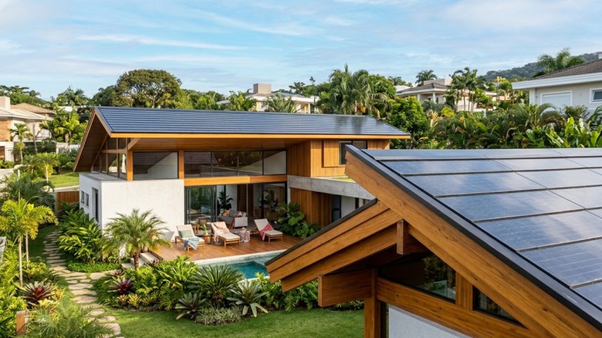 (Imagem ilustrativa)Telhas tecnológicas que integram painéis solares ao madeiramento eliminando painéis sobrepostos