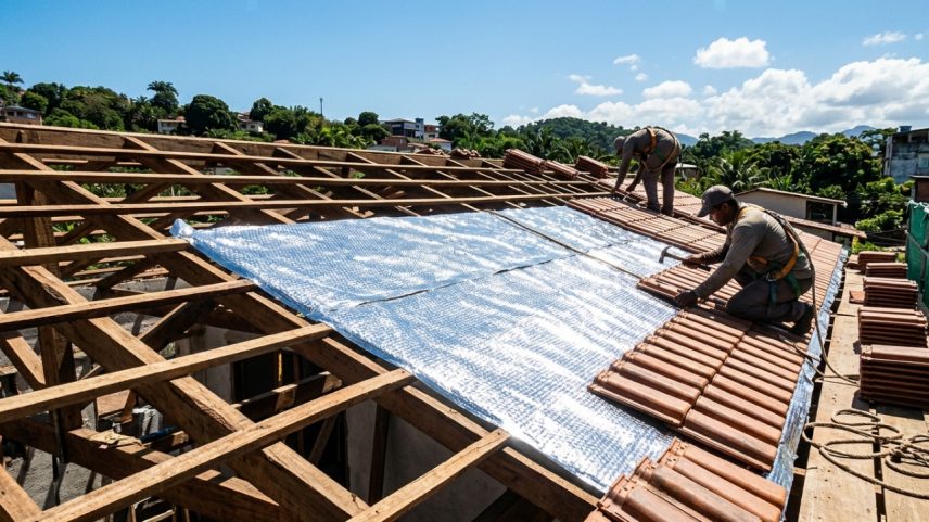 (Imagem ilustrativa)Manta refletora de alumínio instalada sob o telhado para bloquear a radiação solar térmica