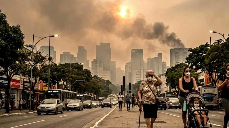 Mudanças climáticas podem tornar o ar do verão muito mais tóxico e perigoso. (Imagem: Fala Ciência via Gemini)